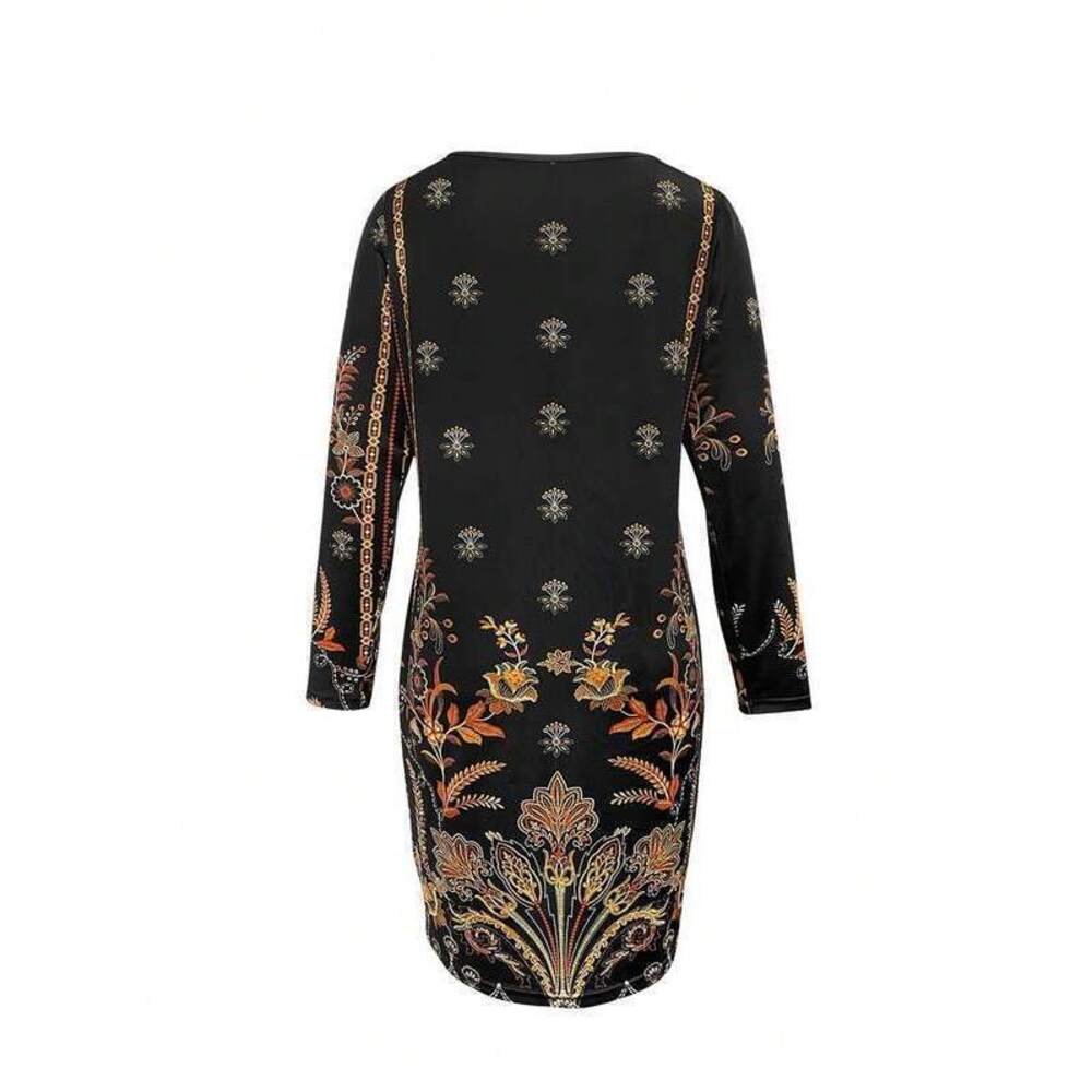 Bohemian Vintage Floral V-Neck Loose Dress, 3/4 Sleeve Loos